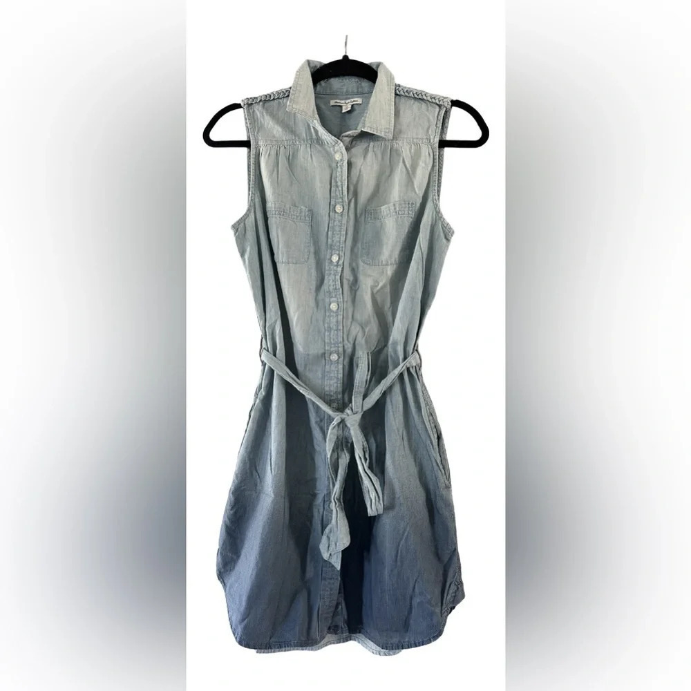 American Eagle Sleeveless Ombre Cotton Denim Dress Tie Waist Pockets Size Small